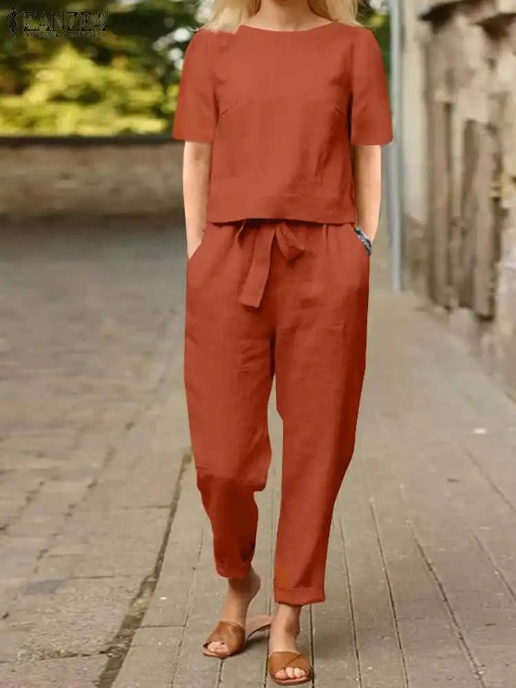 (Pack of 2) ZANZEA Summer Women Short Sleeve Blouse Harem Pants Sets Solid Tracksuit Two Piece Sets Loose Outifit Casual Matching Sets