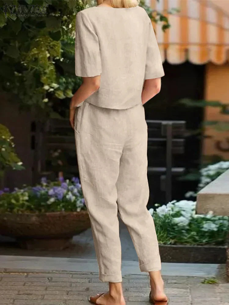 (Pack of 2) ZANZEA Summer Women Short Sleeve Blouse Harem Pants Sets Solid Tracksuit Two Piece Sets Loose Outifit Casual Matching Sets