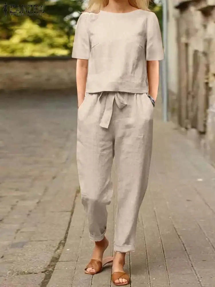 (Pack of 2) ZANZEA Summer Women Short Sleeve Blouse Harem Pants Sets Solid Tracksuit Two Piece Sets Loose Outifit Casual Matching Sets