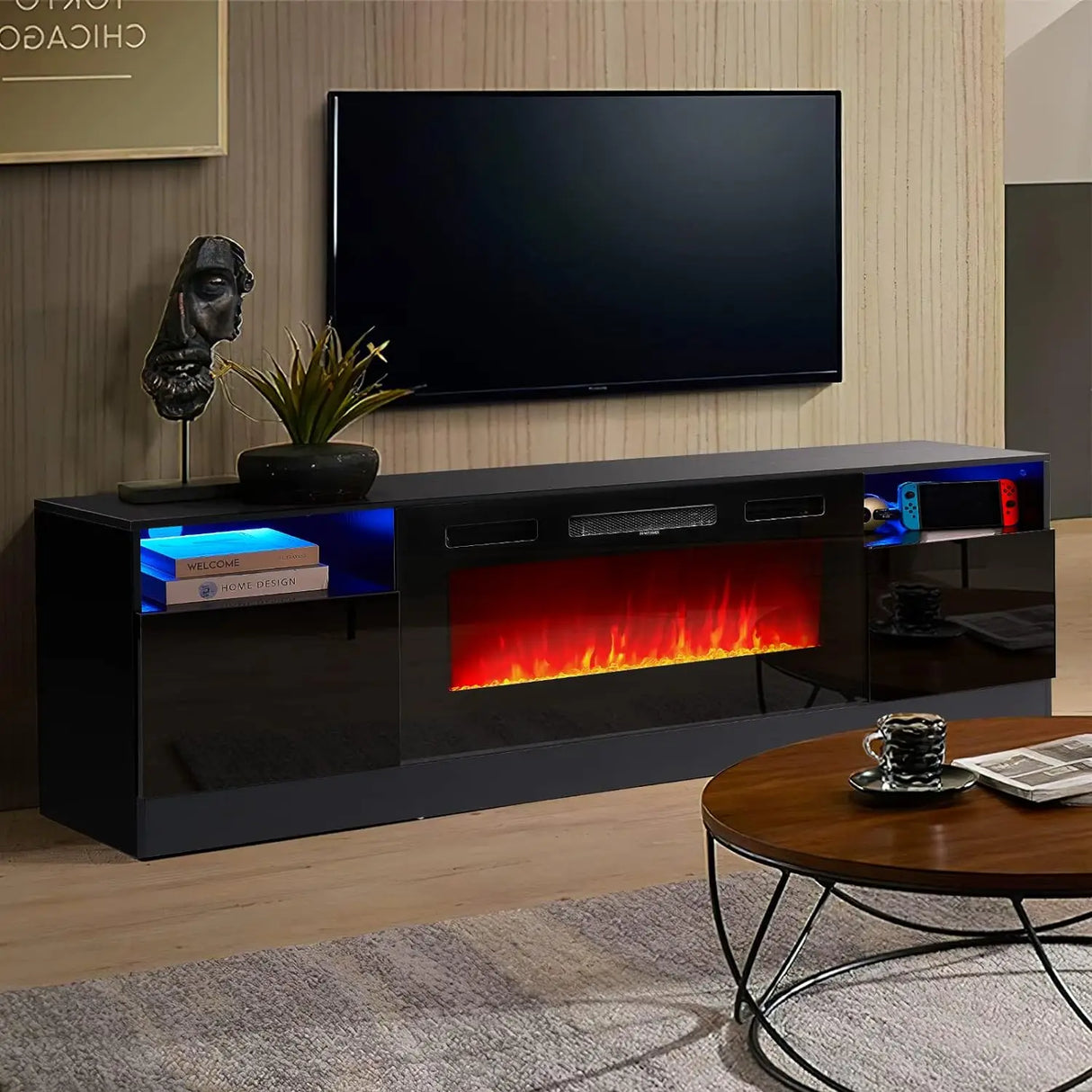 Oneinmil Fireplace TV Stand with 36" Electric Fireplace, LED Light Entertainment Center, TVs Up to 80", 70 inches, Black