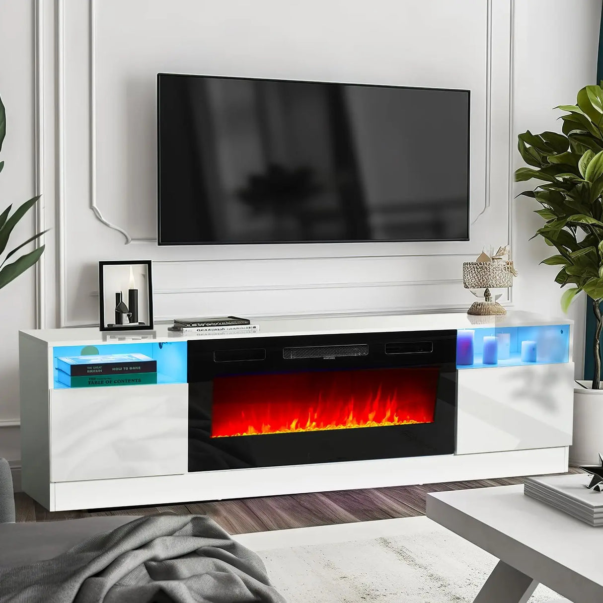 Oneinmil Fireplace TV Stand with 36" Electric Fireplace, LED Light Entertainment Center, TVs Up to 80", 70 inches, Black