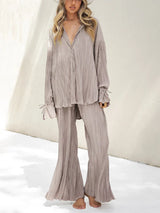 Wsevypo Women Two-piece Pleated Pants Suits Casual Chic Solid Color Long Sleeve Button down Shirts and Straight Leg Trousers Set
