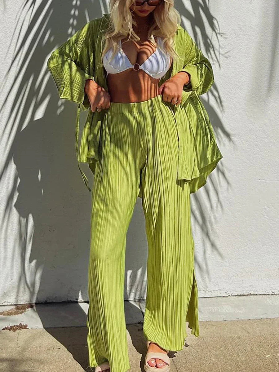 Wsevypo Women Two-piece Pleated Pants Suits Casual Chic Solid Color Long Sleeve Button down Shirts and Straight Leg Trousers Set