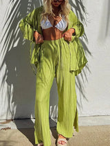 Wsevypo Women Two-piece Pleated Pants Suits Casual Chic Solid Color Long Sleeve Button down Shirts and Straight Leg Trousers Set