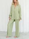 Wsevypo Women Two-piece Pleated Pants Suits Casual Chic Solid Color Long Sleeve Button down Shirts and Straight Leg Trousers Set