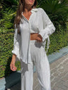 Wsevypo Women Two-piece Pleated Pants Suits Casual Chic Solid Color Long Sleeve Button down Shirts and Straight Leg Trousers Set