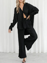 Wsevypo Women Two-piece Pleated Pants Suits Casual Chic Solid Color Long Sleeve Button down Shirts and Straight Leg Trousers Set
